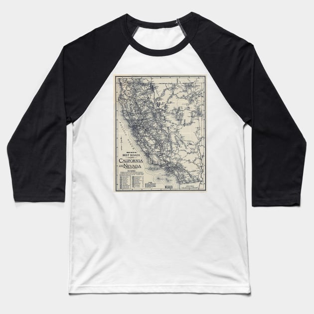 Vintage California and Nevada Road Map (1920) Baseball T-Shirt by Bravuramedia